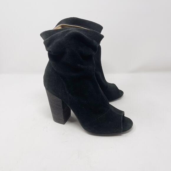 Nine West 6 Black Kaceyx5 Suede Leather Peep Toe Ruched Booties Block Heel - Picture 1 of 14